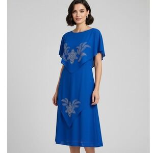 Vintage 70s‎ Gilberti Royal Blue Midi Capelet Dress Size 14 Formal Evening